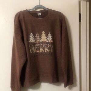 SHEIN Brown Crewneck Sweater with Gold & Cream Holiday Trees